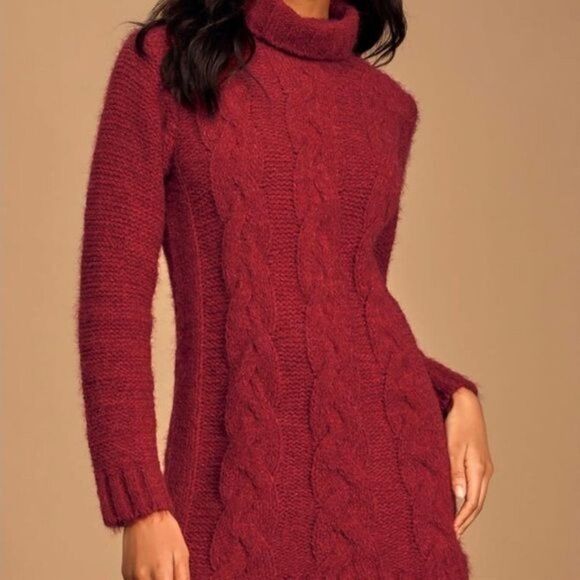 Lulu’s Joyous Cable Knit Turtleneck Sweater Dress Red Maroon Medium - Picture 4 of 12